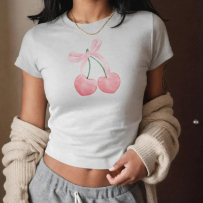 Pastel Pink Cherry Bowtie Printed Crop Top