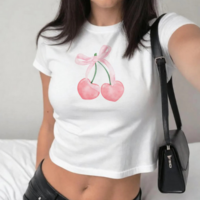 Pastel Pink Cherry Bowtie Printed Crop Top - Thumbnail 2