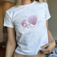 Romantic Pastel Purple Violet Shell Pearl Printed Crop Top - Thumbnail 1