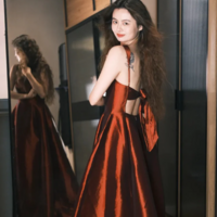 Elegant A-Line Burgundy Square Neck Satin Long Prom Dress With Bow  - Thumbnail 2