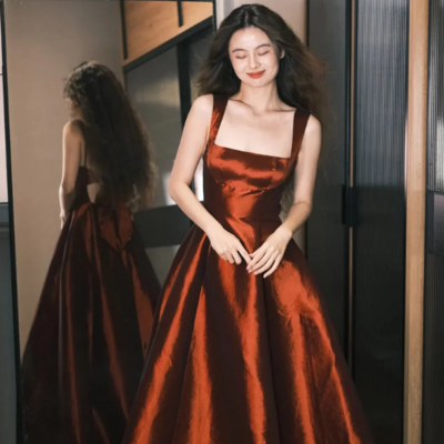 Elegant a-line burgundy square neck satin long prom dress with bow 