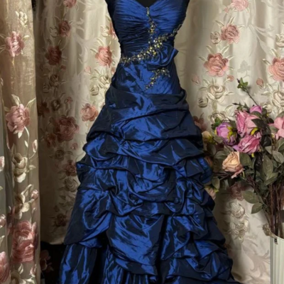 Vintage rhinestone embellished blue pleated formal evening dresses