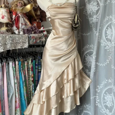 Beautiful champagne satin short ruffle homecoming dresses
