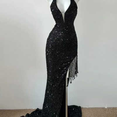 Gorgeous v-neck black sequin mermaid slim prom dress formal evening dress