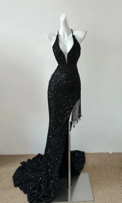 Gorgeous V-neck Black Sequin Mermaid Slim Prom Dress Formal Evening Dress