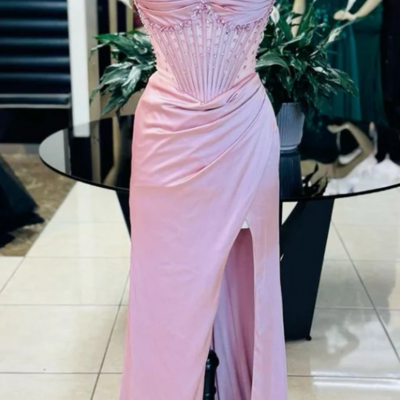 Shiny exquisite beaded pink stain long slit prom dress evening dress