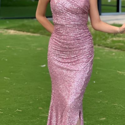 Obe shoulder pink sequin long split evening prom dresses