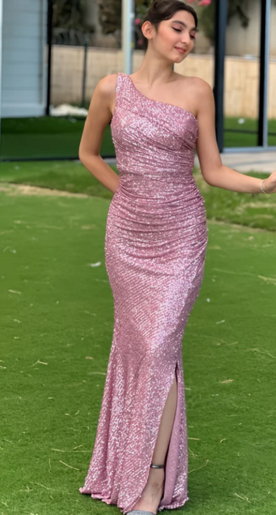 Obe Shoulder Pink Sequin Long Split Evening Prom Dresses