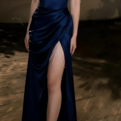 Off shoulder navy blue stain long prom dresses rutched evening dress