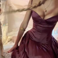 A Line Spaghetti Strap Dark Burgundy Pleated Satin Long Prom Dress - Thumbnail 1