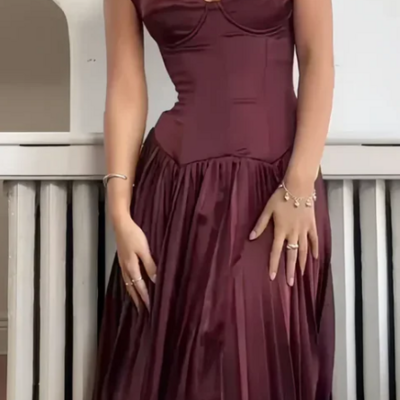 A line spaghetti strap dark burgundy pleated satin long prom dress