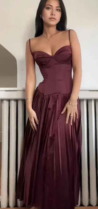 A Line Spaghetti Strap Dark Burgundy Pleated Satin Long Prom Dress