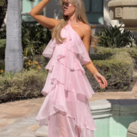 Halter Neck Asymmetrical Ruffle Tiered Prom Dress - Thumbnail 1