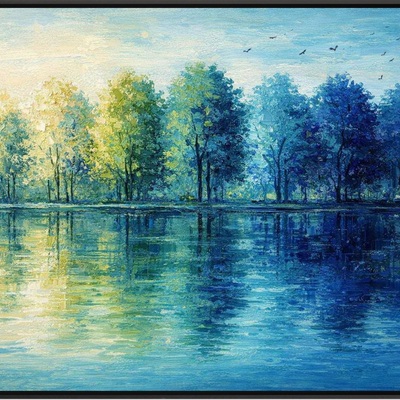 Lakeside gradient forest reflection art print in yellow and blue