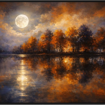 Moonlit autumn lake landscape art print