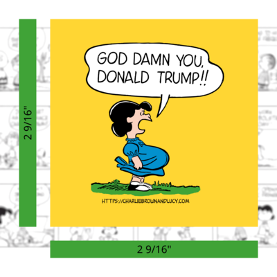 "god **** you, donald trump!!" lucy van pelt of peanuts square protest sticker