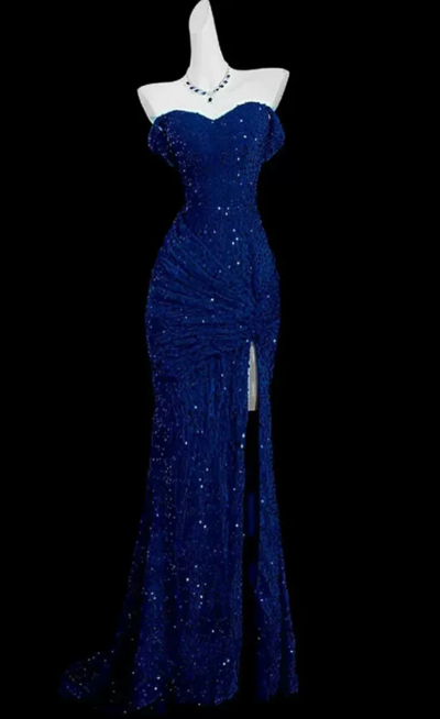 Off Shoulder Mermaid Blue Sequins Sweetheart Prom Dresses