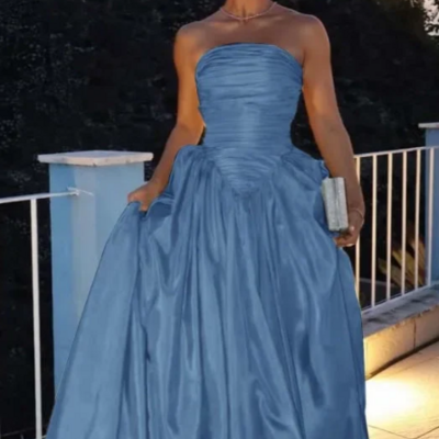 Strapless a line blue sleeveless ruched floor length prom dress