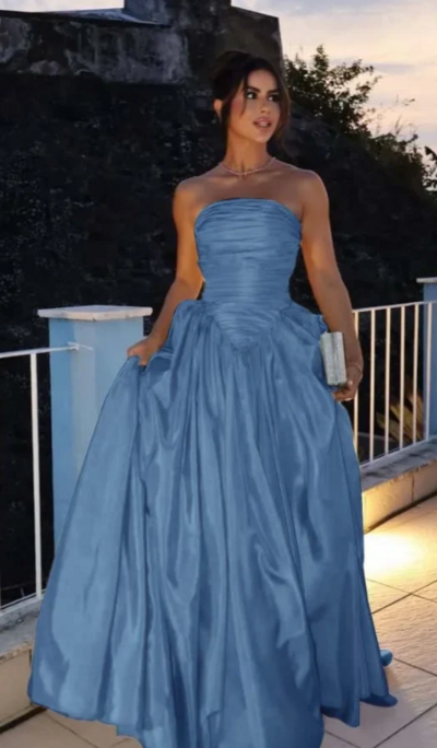 Strapless A Line Blue Sleeveless Ruched Floor Length Prom Dress