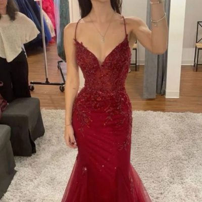 Elegant spaghetti straps tulle mermaid prom dress formal evening dress