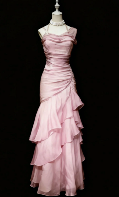 Floor Length Pink Layers Straps Formal Long Prom Dresses