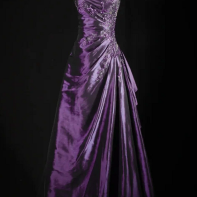 A-line purple strapless taffeta long prom dress formal evening dress with beaded 