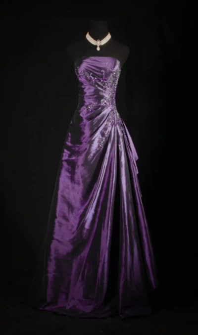 A-Line Purple Strapless Taffeta Long Prom Dress Formal Evening Dress With Beaded 