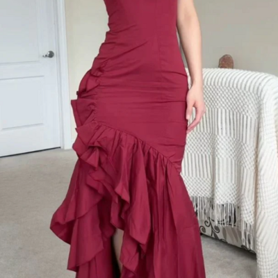Strapless hight low red formal prom dresses with side split