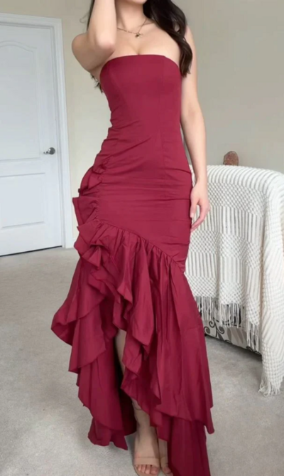 Strapless Hight Low Red Formal Prom Dresses With Side Split