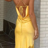 Spaghetti Straps Yellow Open Back Slit Prom Dress With Cutout Lace Leg - Thumbnail 2