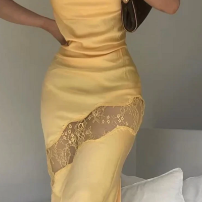 Spaghetti straps yellow open back slit prom dress with cutout lace leg