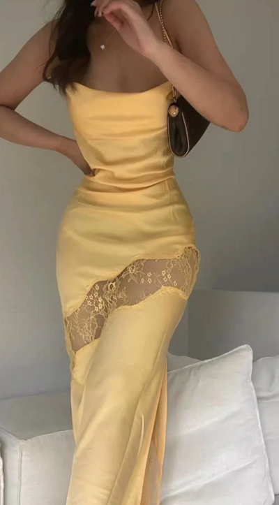Spaghetti Straps Yellow Open Back Slit Prom Dress With Cutout Lace Leg
