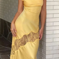 Spaghetti Straps Yellow Open Back Slit Prom Dress With Cutout Lace Leg - Thumbnail 1