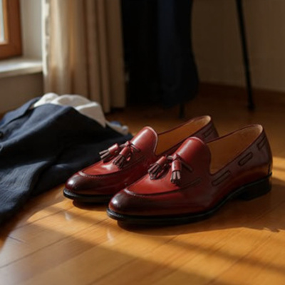 Men's oxblood tassel loafers, maroon leather dress shoes for weddings & office