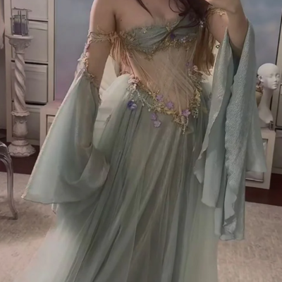 Off-shoulder sage green fairy corset prom dress formal evening dess