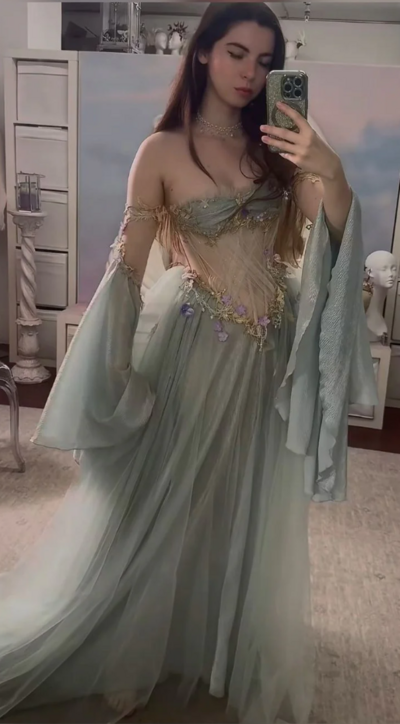 Off-Shoulder Sage Green Fairy Corset Prom Dress Formal Evening Dess