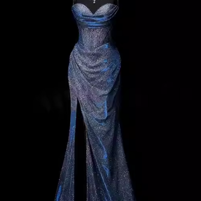 Spaghetti straps navy blue sequin classy mermaid long prom dress evening gowns 