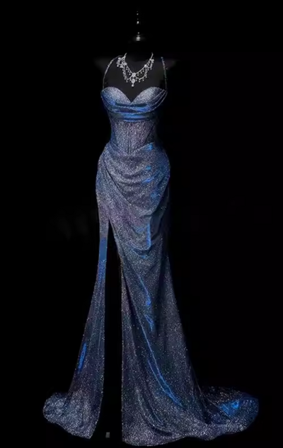 Spaghetti Straps Navy Blue Sequin Classy Mermaid Long Prom Dress Evening Gowns 
