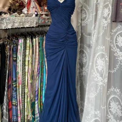 Vintage floor length navy blue v neckline evening dress long prom dresses