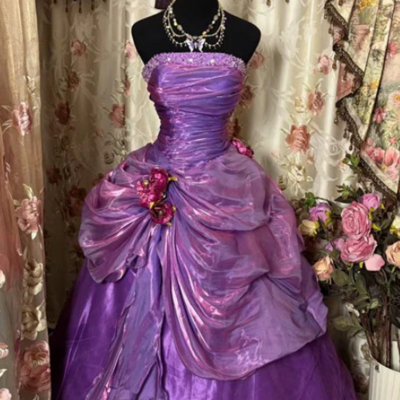 Strapless a line purple long party dress formal evening dress