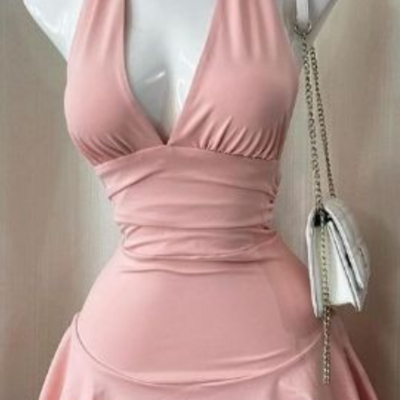 Simple cute pink satin halter short prom dresses homecoming dresses