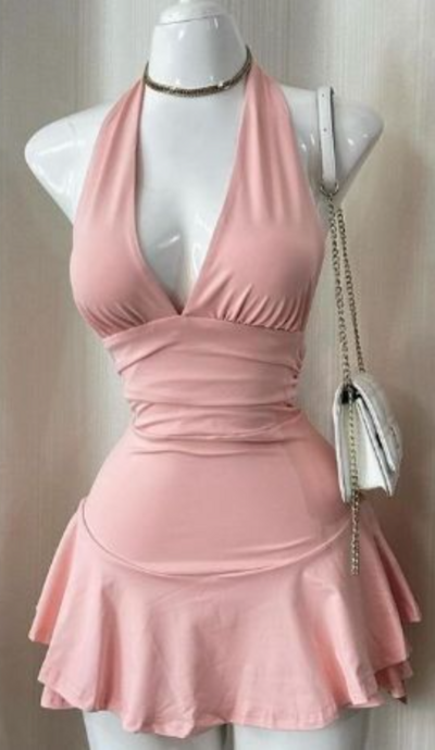 Simple Cute Pink Satin Halter Short Prom Dresses Homecoming Dresses