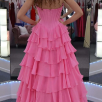Strapless A Line Pink Ruffle Tiered Chiffon Prom Dresses - Thumbnail 1