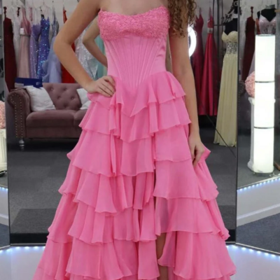 Strapless a line pink ruffle tiered chiffon prom dresses