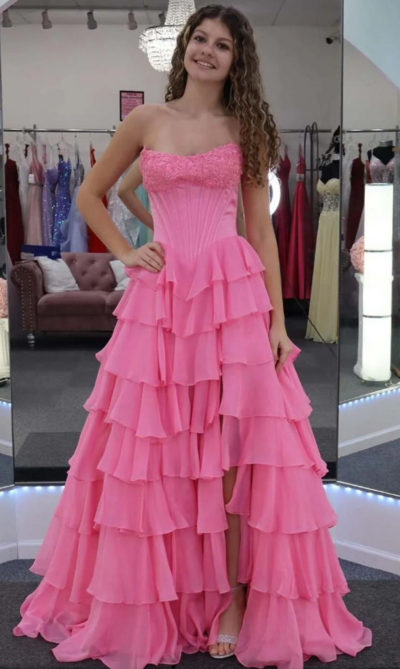 Strapless A Line Pink Ruffle Tiered Chiffon Prom Dresses