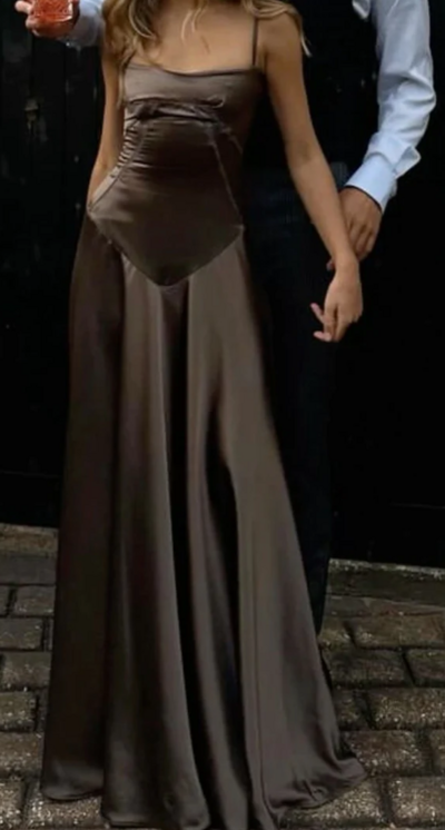 Spaghetti Straps A Line Brown Formal Evening Dress Long Prom Dresses