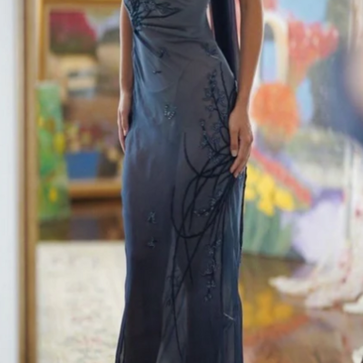 Sheath straps navy blue chiffon long prom dress evening dress