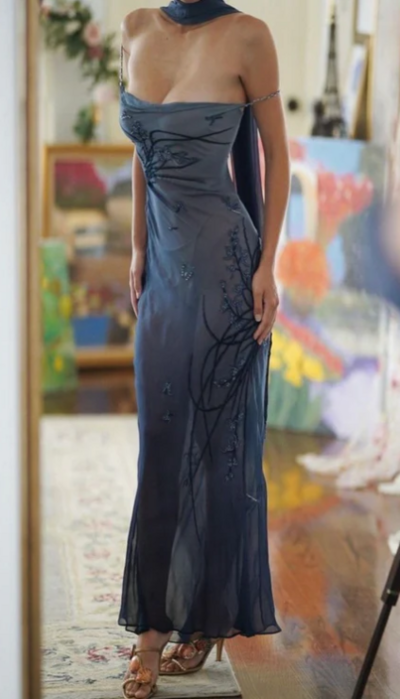 Sheath Straps Navy Blue Chiffon Long Prom Dress Evening Dress