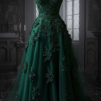 Off shoulder emerald green a line prom dress formal evening dress with lace appliques