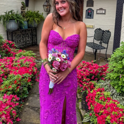 Sweetheart hot pink slit lace prom dresses long evening dresses